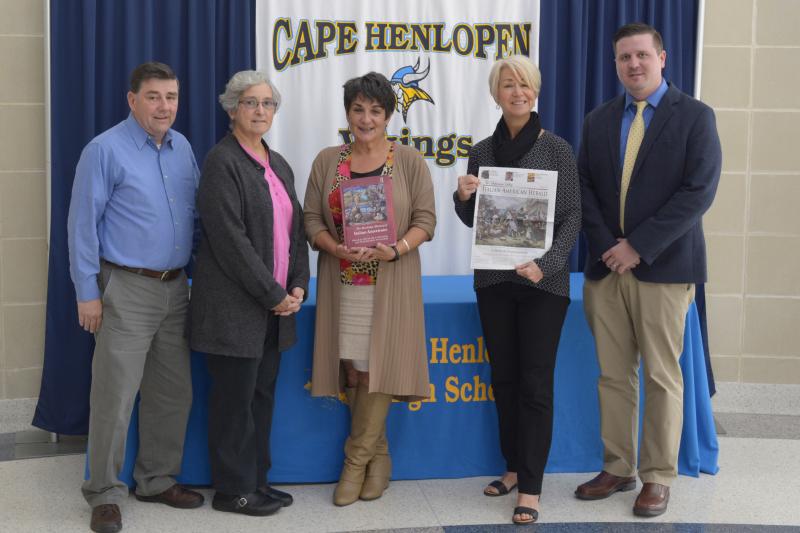 At the presentation of an Italian-American history textbook from UNICO are (l-r) William Walls, social studies teacher; Maria Teresa Morrison, Delaware district governor of UNICO; Cristina Christy, Italian teacher; Suzanne McKone, librarian; and Kyle Bentley, Cape High assistant principal. SUBMITTED PHOTO